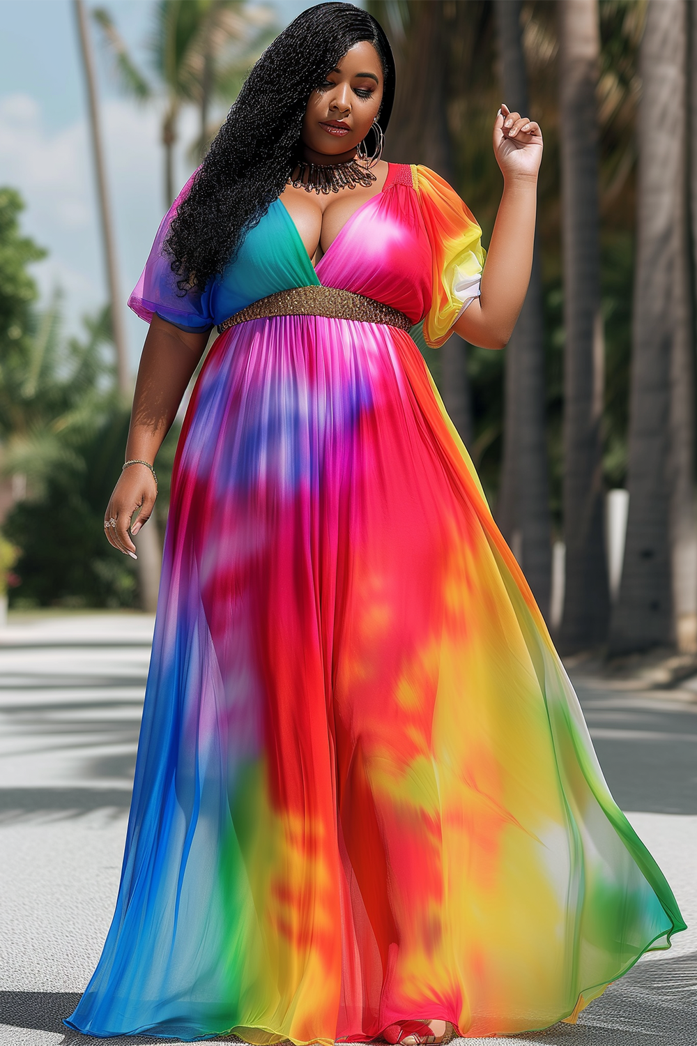 Design Plus Size Vacation Colorful Tie Dye V Neck Short Sleeve Maxi Dress [Pre-Order]
