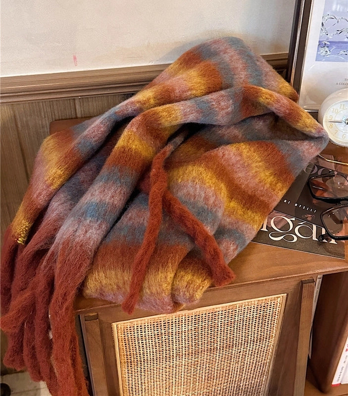 Latest Mohair Striped Tassel Scarf Fashion Geometric Gradient Shawl Japanese And Korean Versatile Thickened Scarf