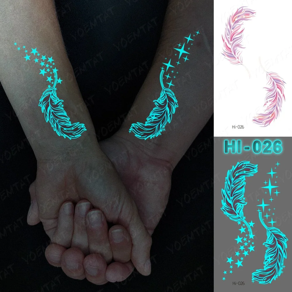 Blue Luminous Glow Tattoo Sticker Pink Feather Waterproof Temporary Tatoo Butterfly Deer Wrist Fake Tatto For Body Art Women Men