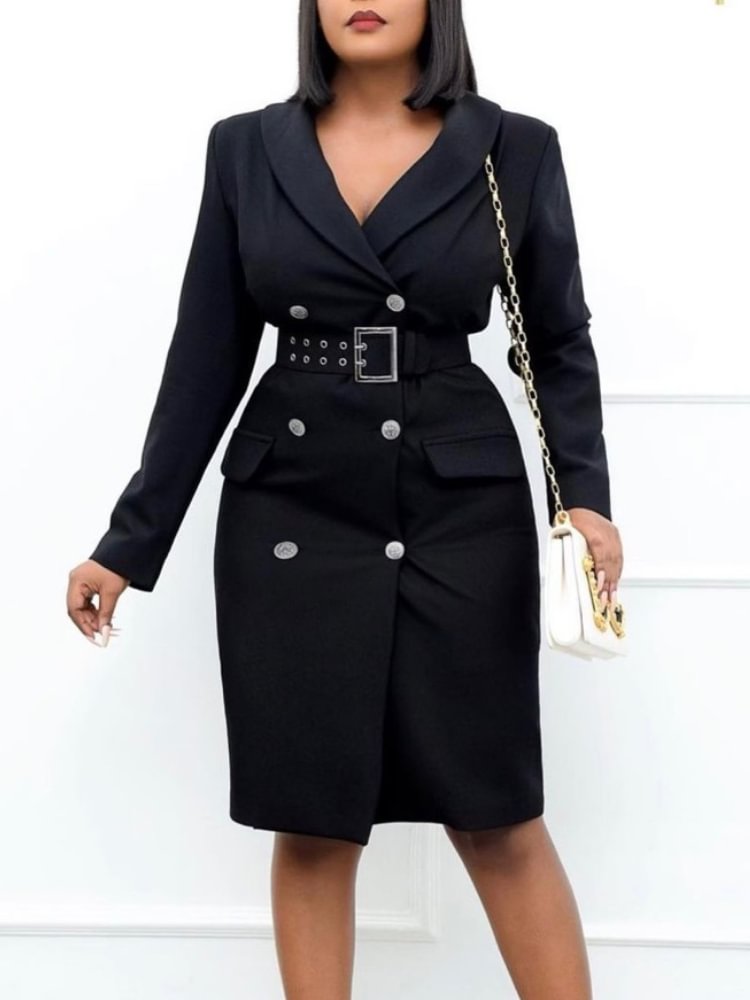 Elegant Women Blazer Dress Double Breasted Belt Stretch Knee Dress Office Lady Business Work Outfits Spring Autumn Party Club - Life is Beautiful for You - SheChoic