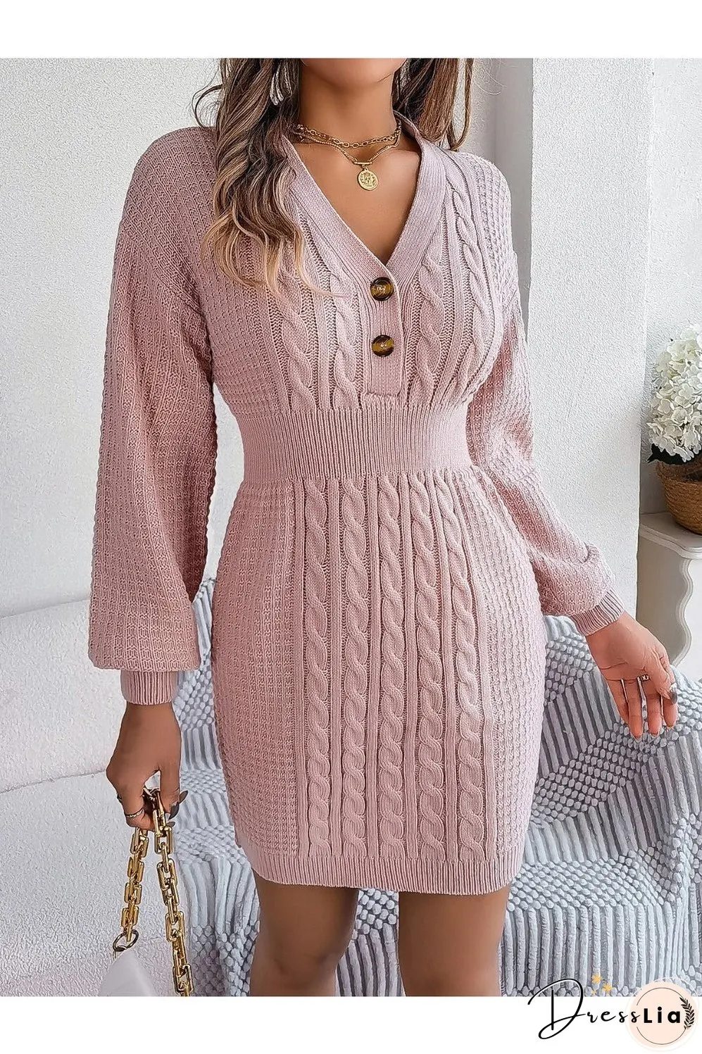 Buttoned Cable-Knit V-Neck Sweater Dress