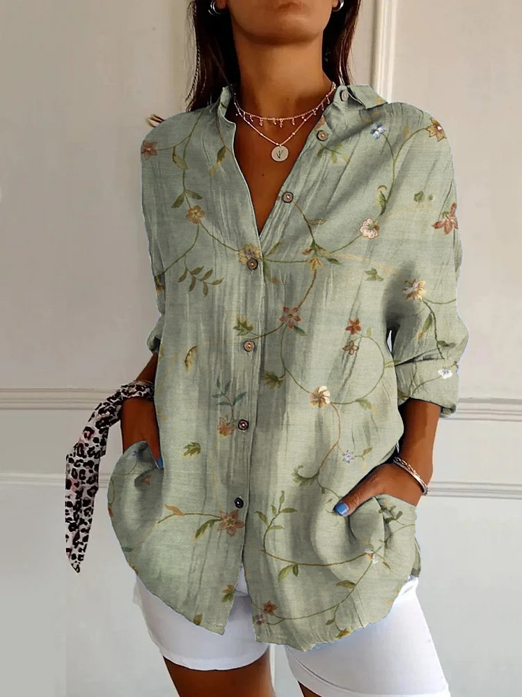 Vintage Floral Casual Long Sleeve Shirt