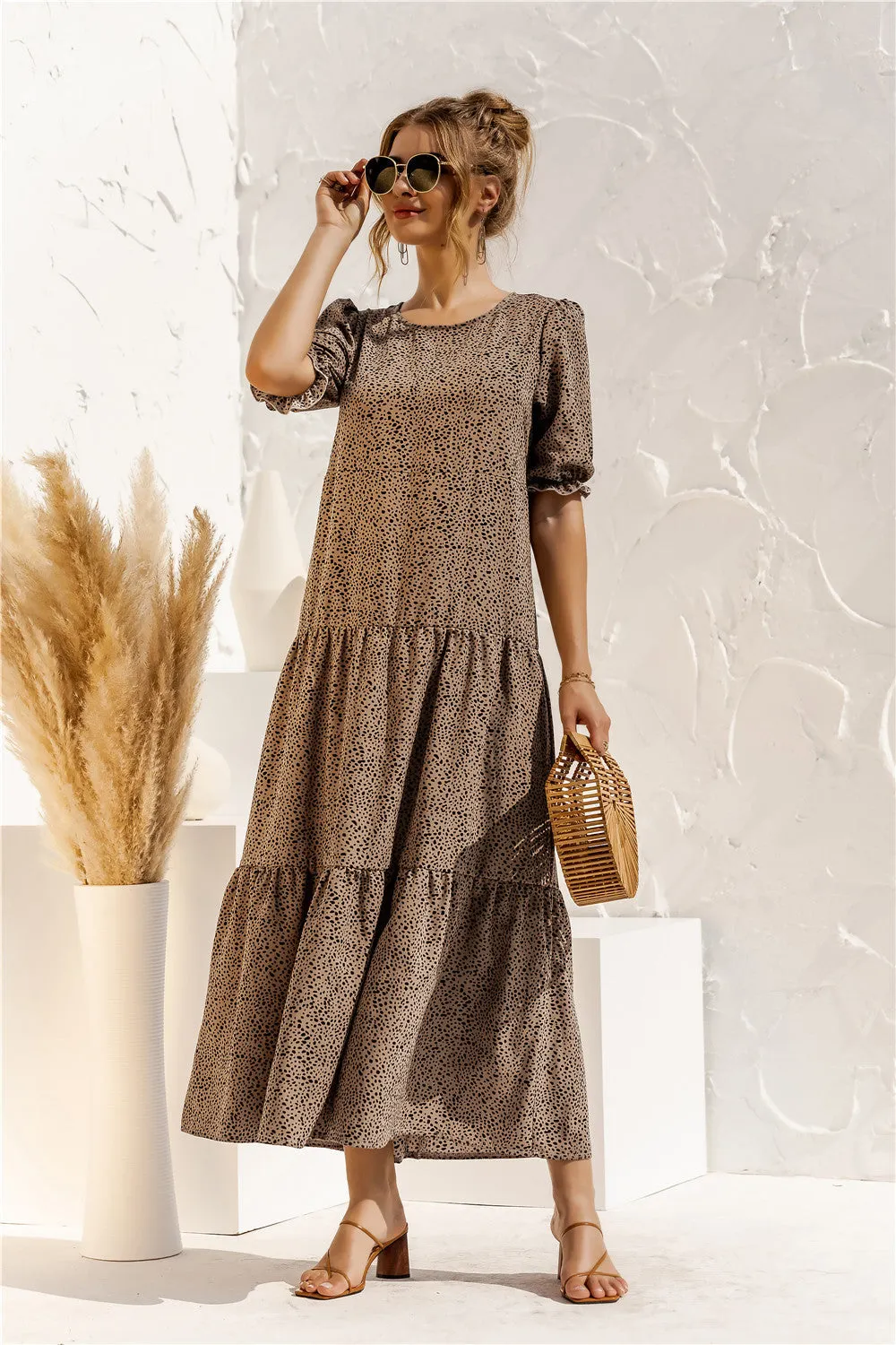 Brownm Sleeve Dot Plaid Urban Style Loose Stitching Long Dress