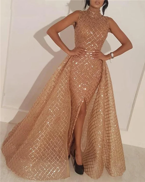 Elegant and Gorgeous Bronzing Plaid Mesh Stitching Slit Sexy Long Dress