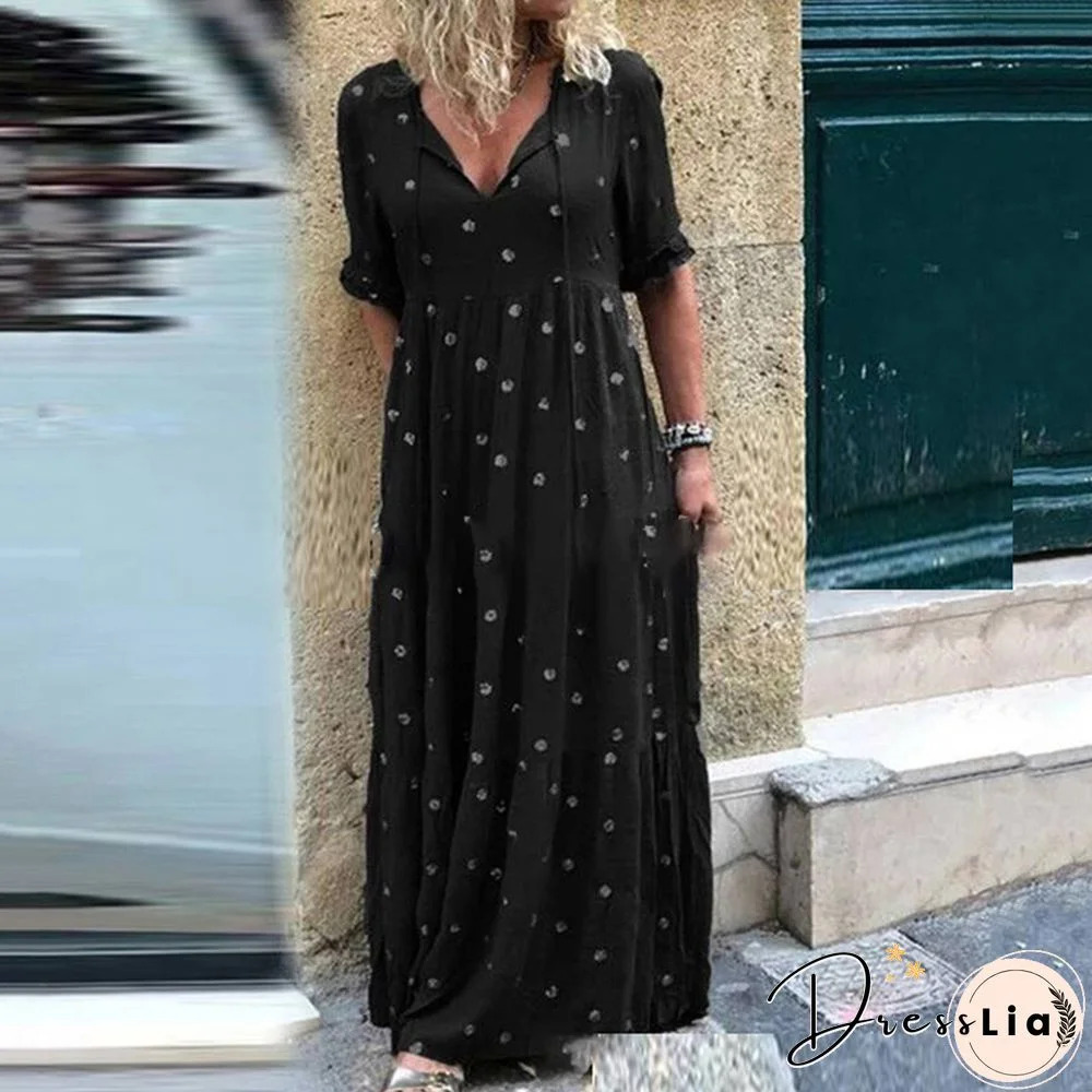 Fall Winter New Women Short Sleeve Boho Dress Vintage Loose Polka Dot Print V-Neck Long Dress Casual Harajuku Party Dress Mujer