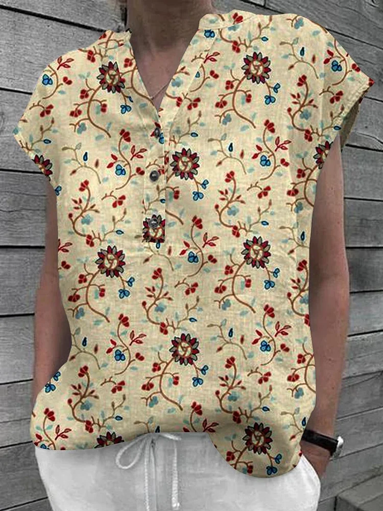 Women's Floral Art Casual Cotton Shirt Tops