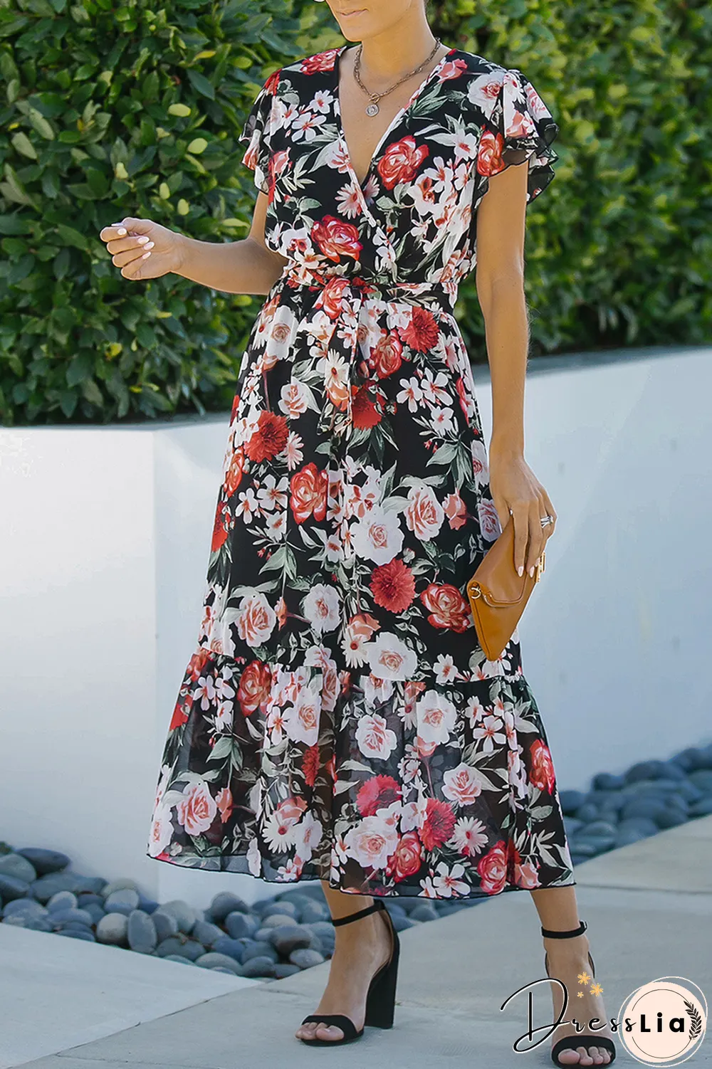 Casual Print Split Joint V Neck Cake Skirt Dresses(3 Colors)