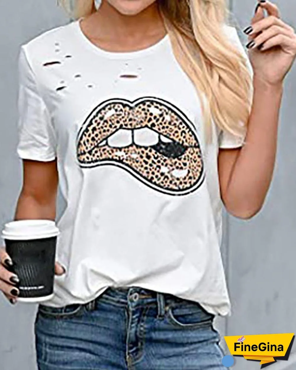 Short Sleeve Lip Leopard Print T-shirt P14771