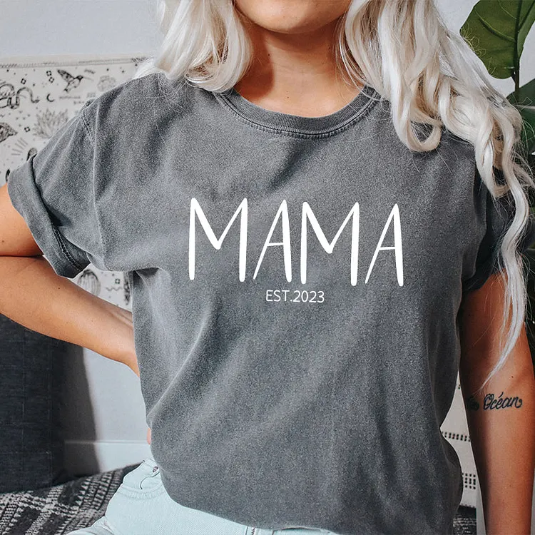 Personalised Chest Text Customization Mama Est Year T-shirt, with Children's Names on the Sleeve, Mother's Day Gift