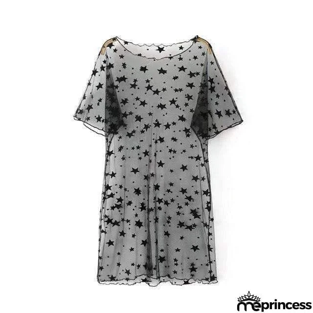 Black Stars Sheer Mesh Cover-Up T-Shirt Dress