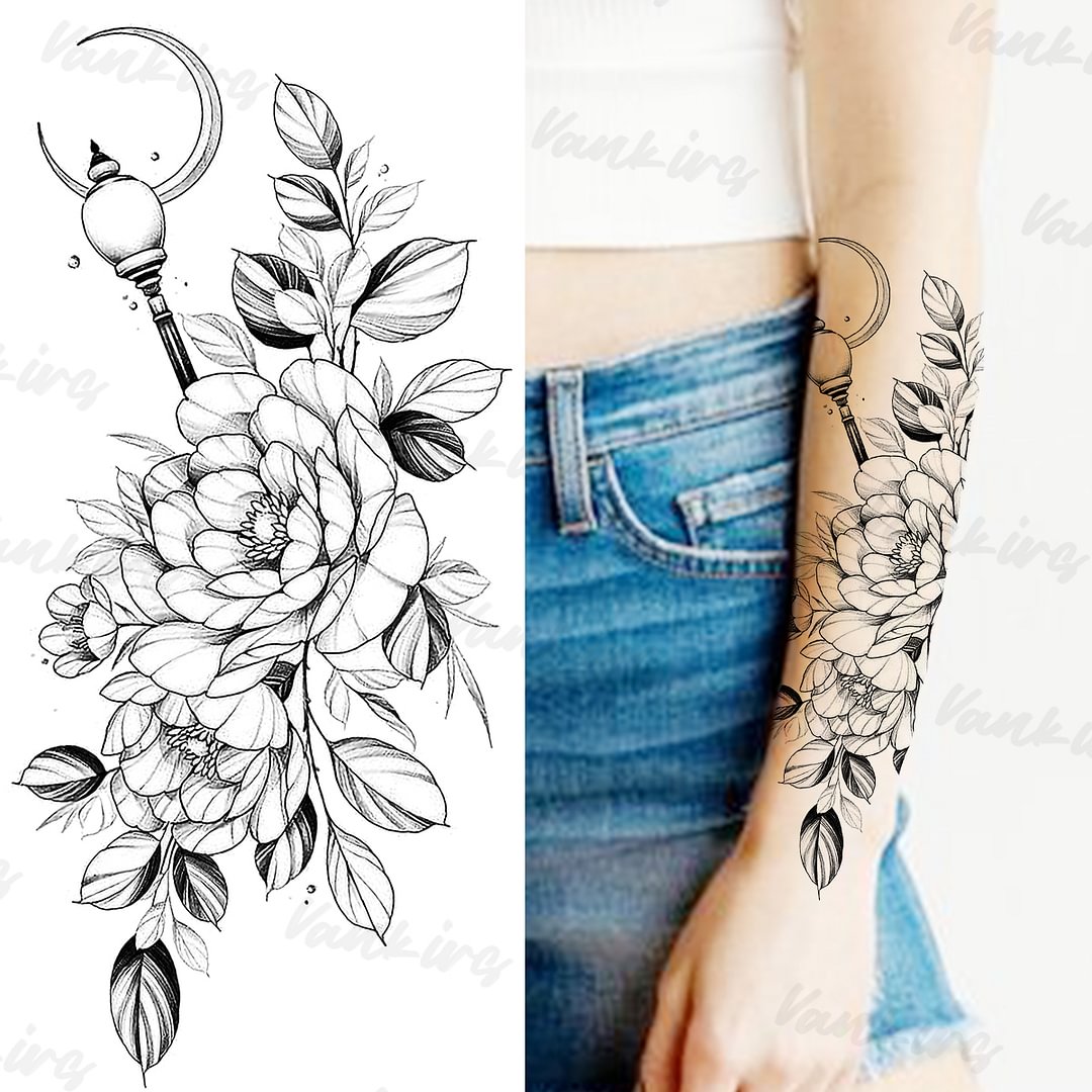 Gingf Dahlia Temporary Tattoos For Women Adults Realistic Moon Rose Flower Water Transfer Fake Tattoo Sticker Forearm Tatoos 3D