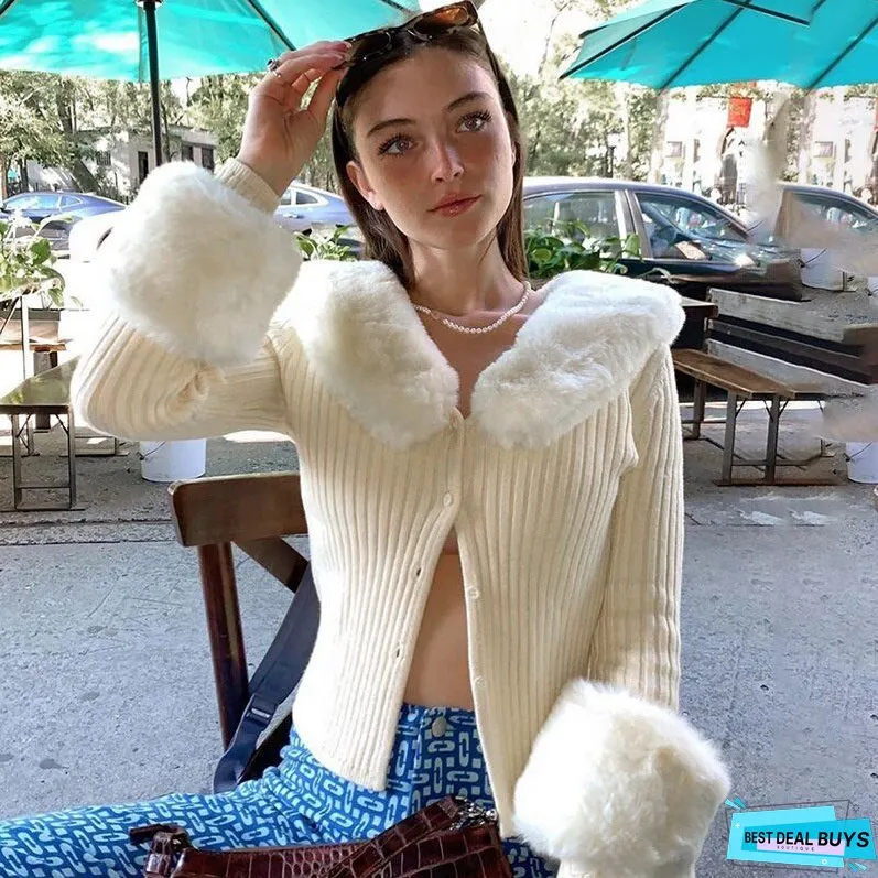 Fantoye Knitted Sexy Detachable Fur Collar Women Sweater Brown Cardigans O Neck Single-breasted Sweater Fashion Solid Slim Tops