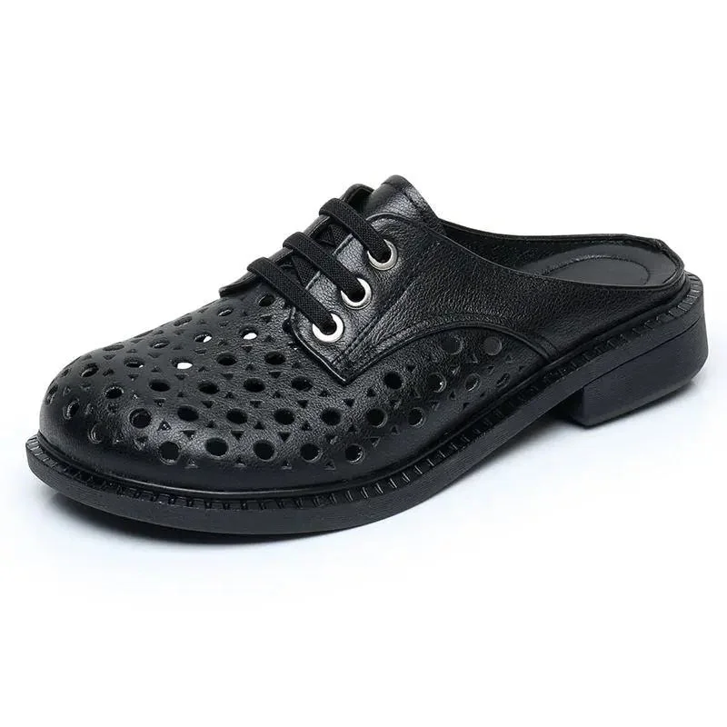 GKTINOO 2022 New Summer Round Toe Hollow Genuine Leather Slippers Casual Sandals Low Heel Shoe Slippers Women Sandals Large Size