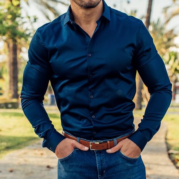 Slim-fit Satin Classic Navy Blue Long-sleeved Shirt