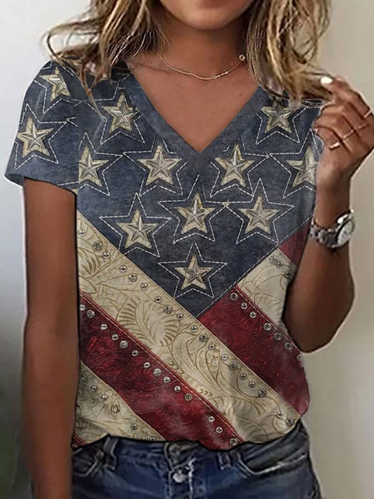Comstylish Women's Independence Day American Flag Patchwork Print V-Neck T-Shirt