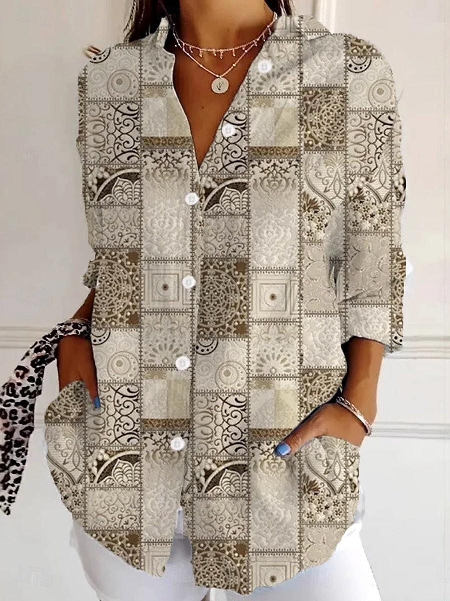 Women Long Sleeve V-neck Graphic Floral Printed Top