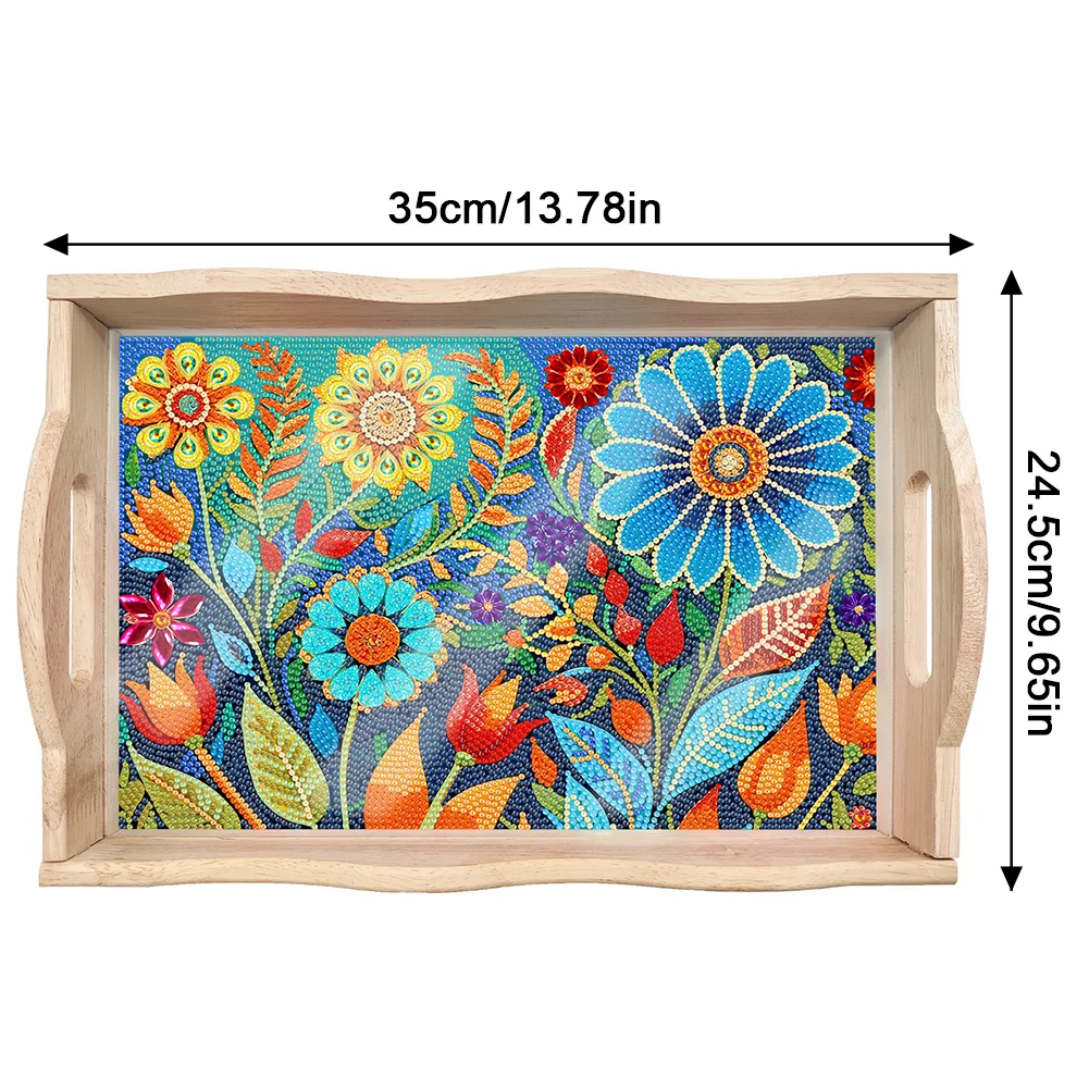 DIY Cartoon Flower Wooden Diamond Painting Serving Tray with Handle for Home Decor