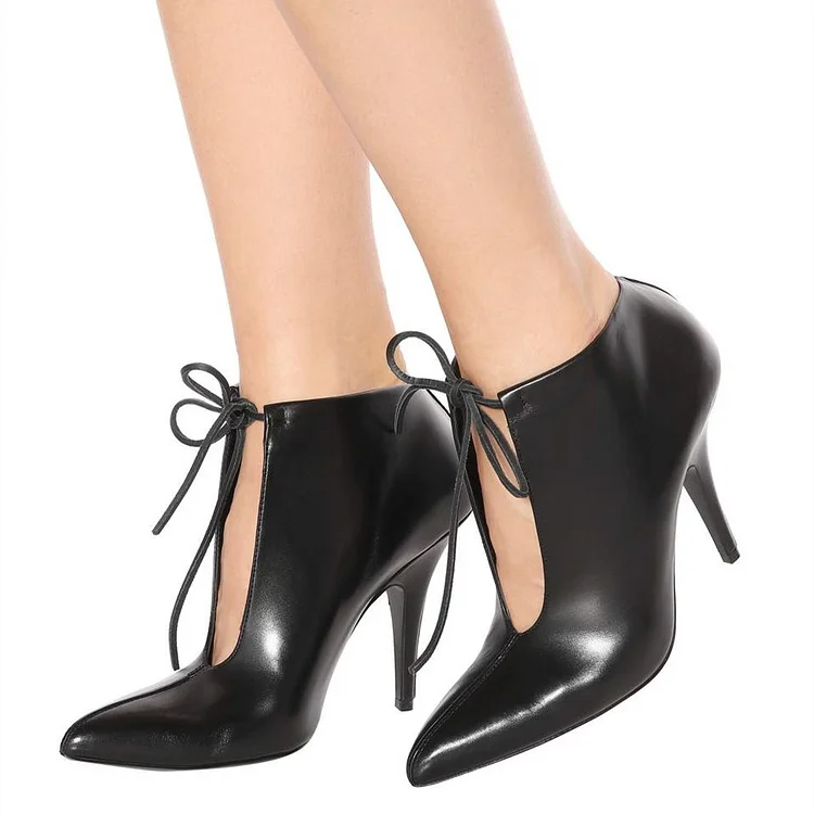 Black Lace Up Boots Pointy Toe Stiletto Heels Ankle Boots |FSJ Shoes
