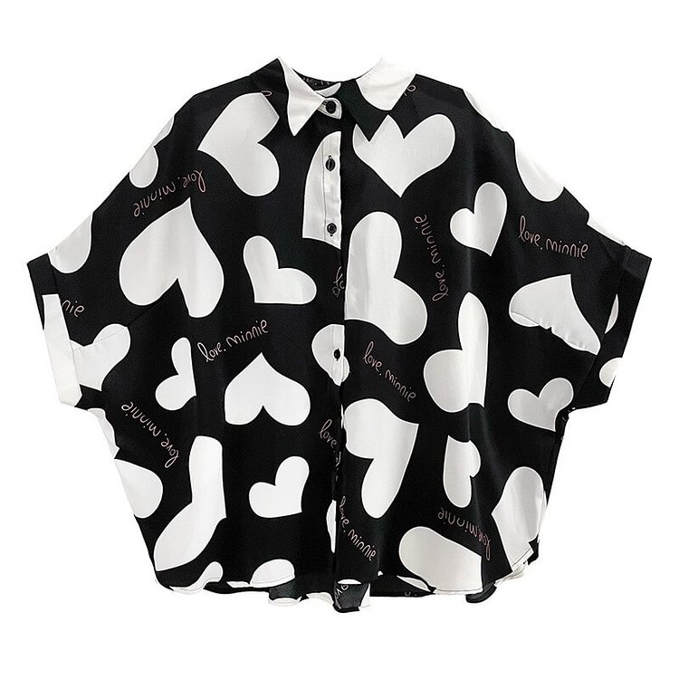 Fashion Lapel Heart & Letter Printed Single-breasted Batwing Sleeve Shirt      