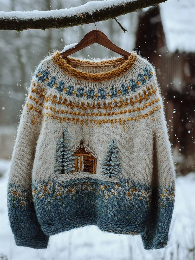Winter Forest Cottage Landscape Colorblock Knit Isle Sweater