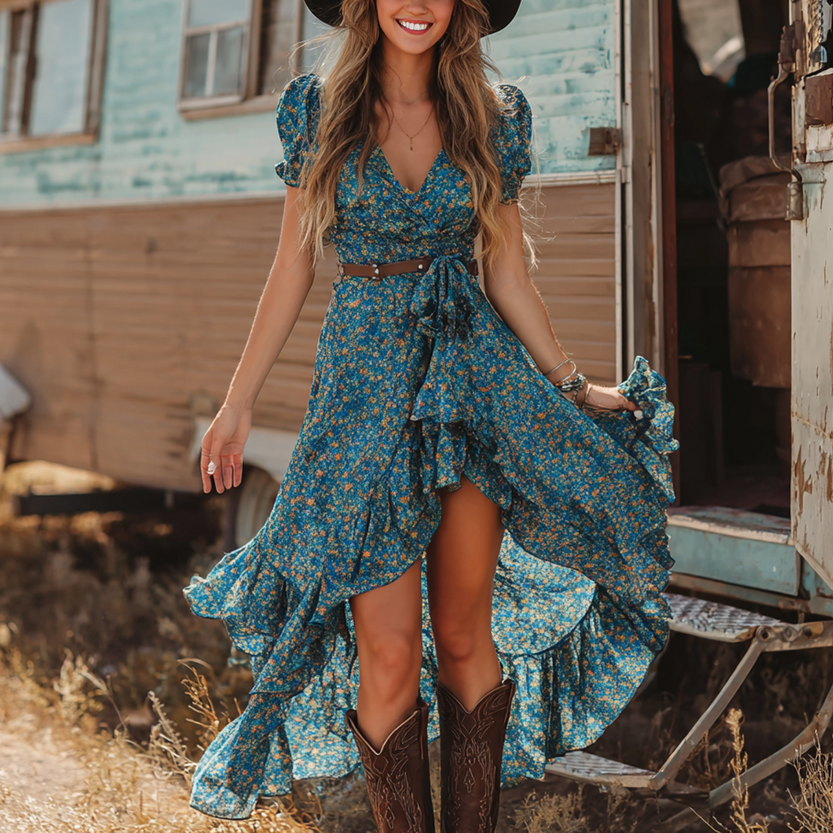 Women's Vintage Boho Floral Maxi Dress With Cowboy Boots