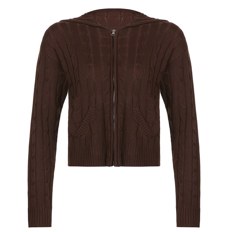 Warm Hooded Zip Cardigan Pocket Solid Sweater Coat Slimming And Short Temperament Top