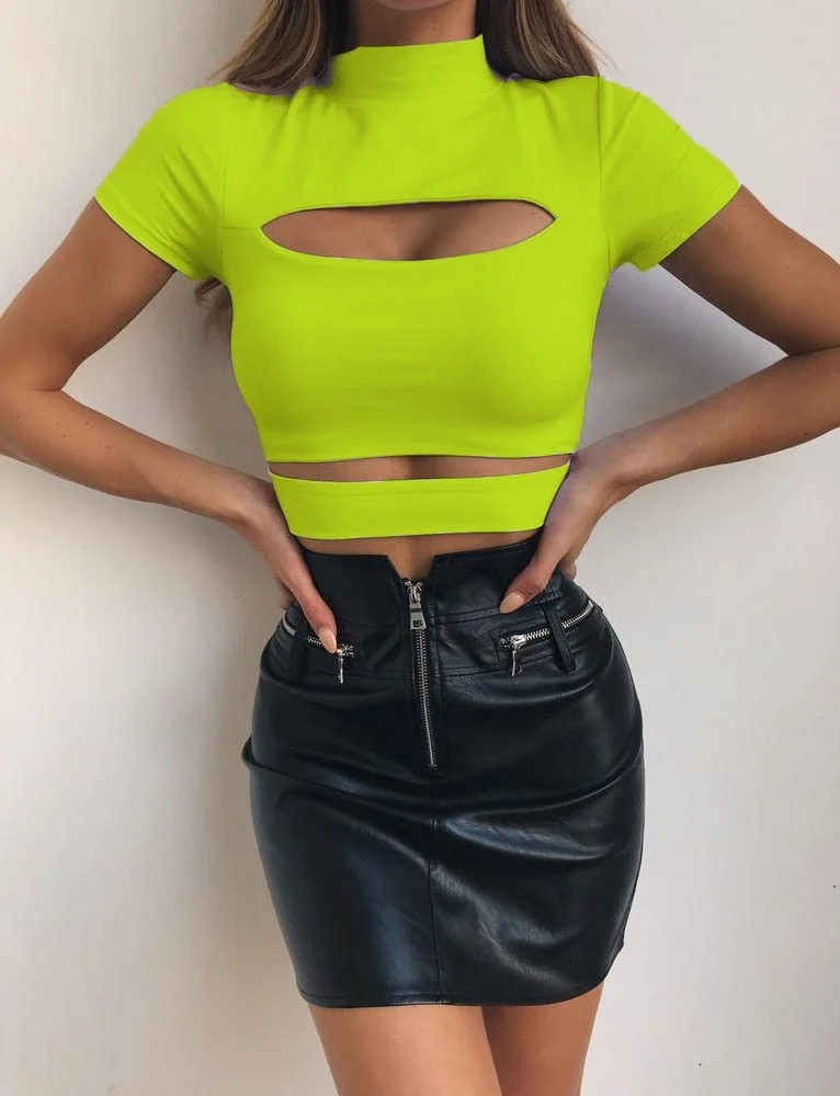 2022 Summer Crop Top Women Solid Black Green Tops Hollow Out Women Clothing Women T-shirt Casual Tee Tops Ladies Shirts