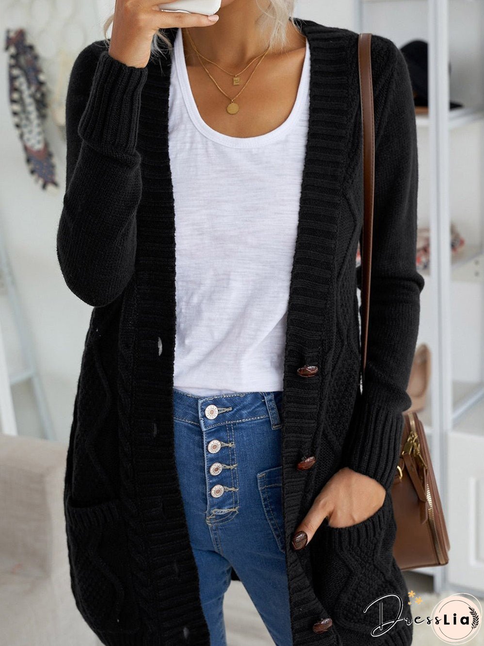 Cozy Black Knit Cardigan with Button-Up Front and Pockets