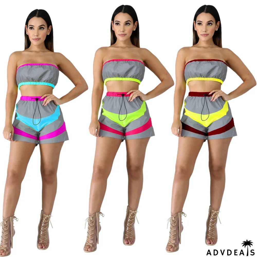 Sexy Reflective Tube Tops Shorts Sports 2 Piece Sets