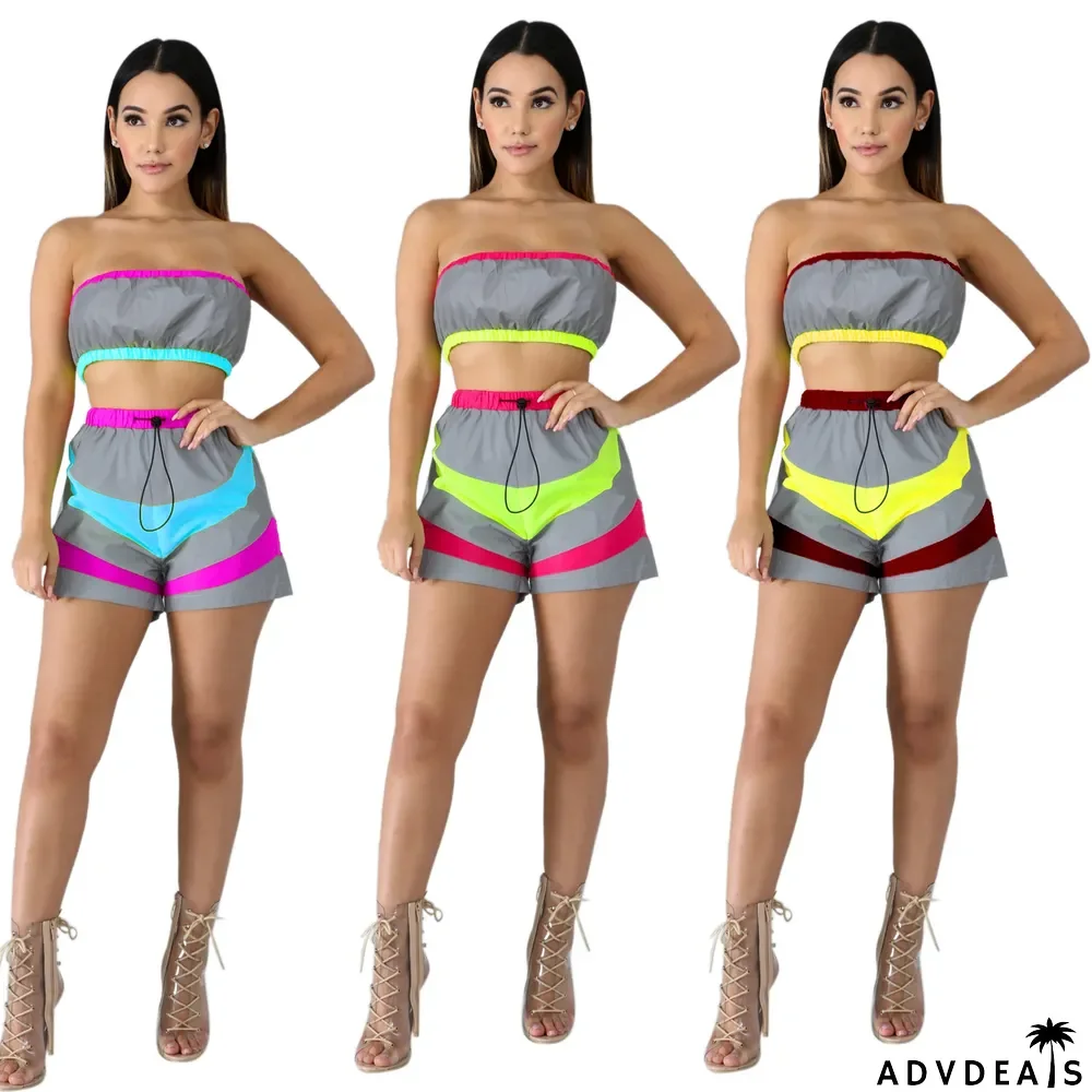 Sexy Reflective Tube Tops Shorts Sports 2 Piece Sets