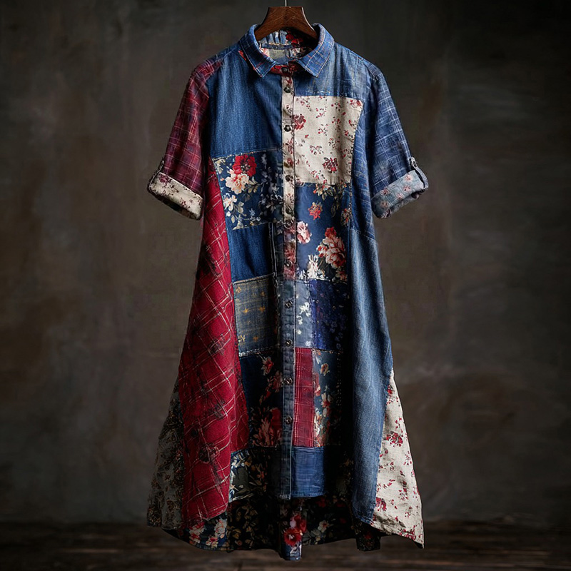  Women's Retro Independence Day Floral Plaid Patchwork Long Shirt Dress Westsshops