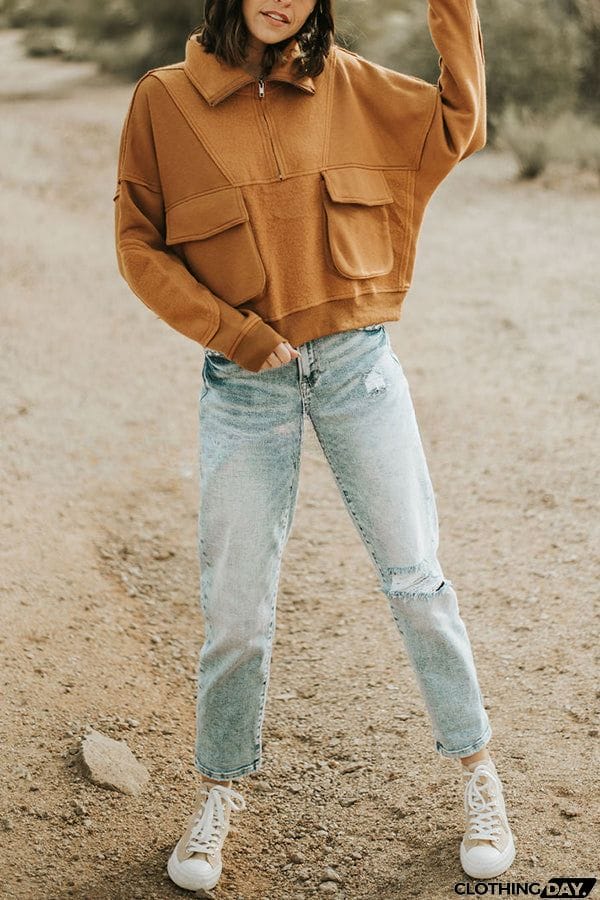 Pocket Zip Pullover Long Sleeve Sweatshirt