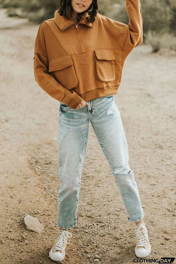 Pocket Zip Pullover Long Sleeve Sweatshirt