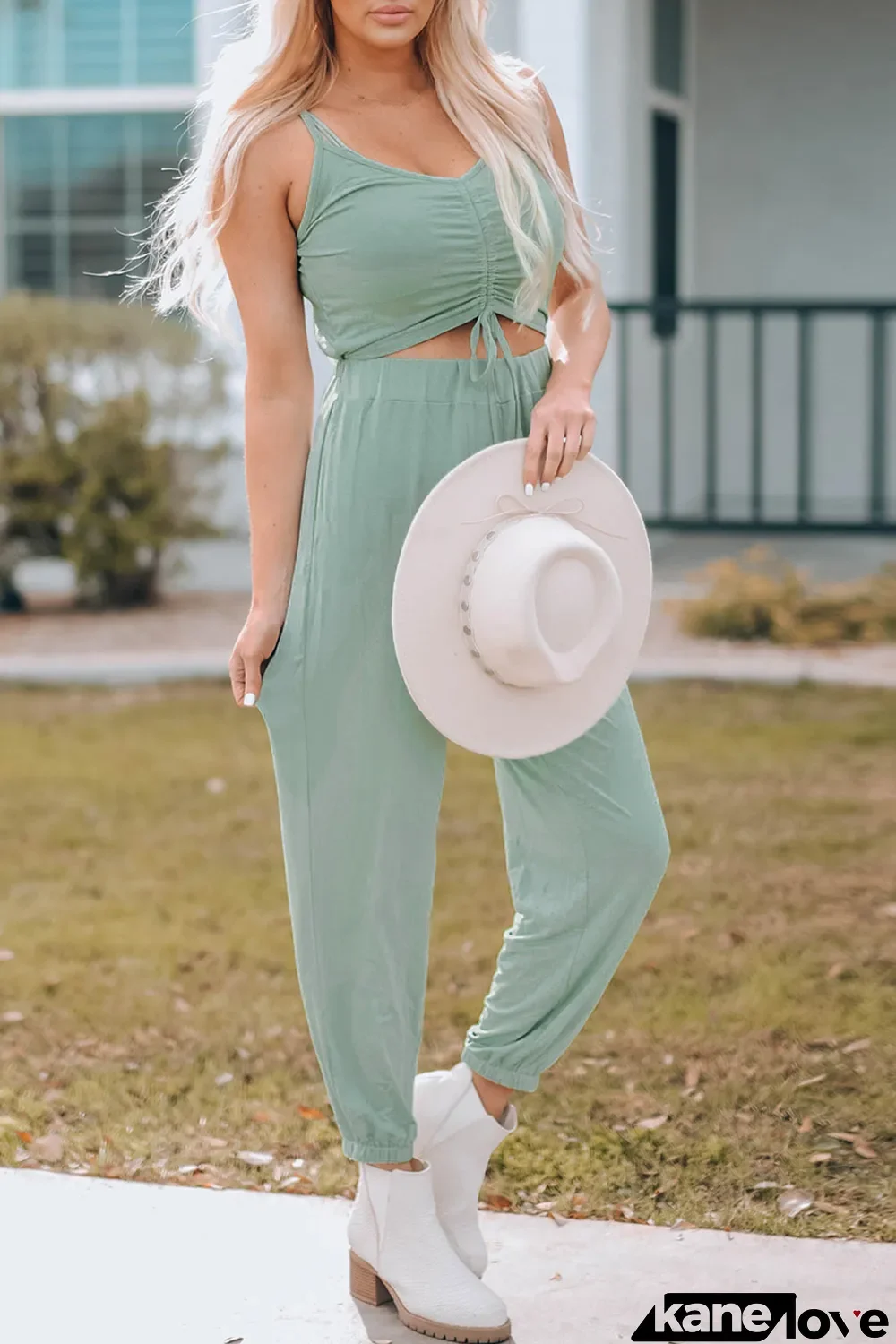Green Ruched Front Spaghetti Strap Jumpsuit