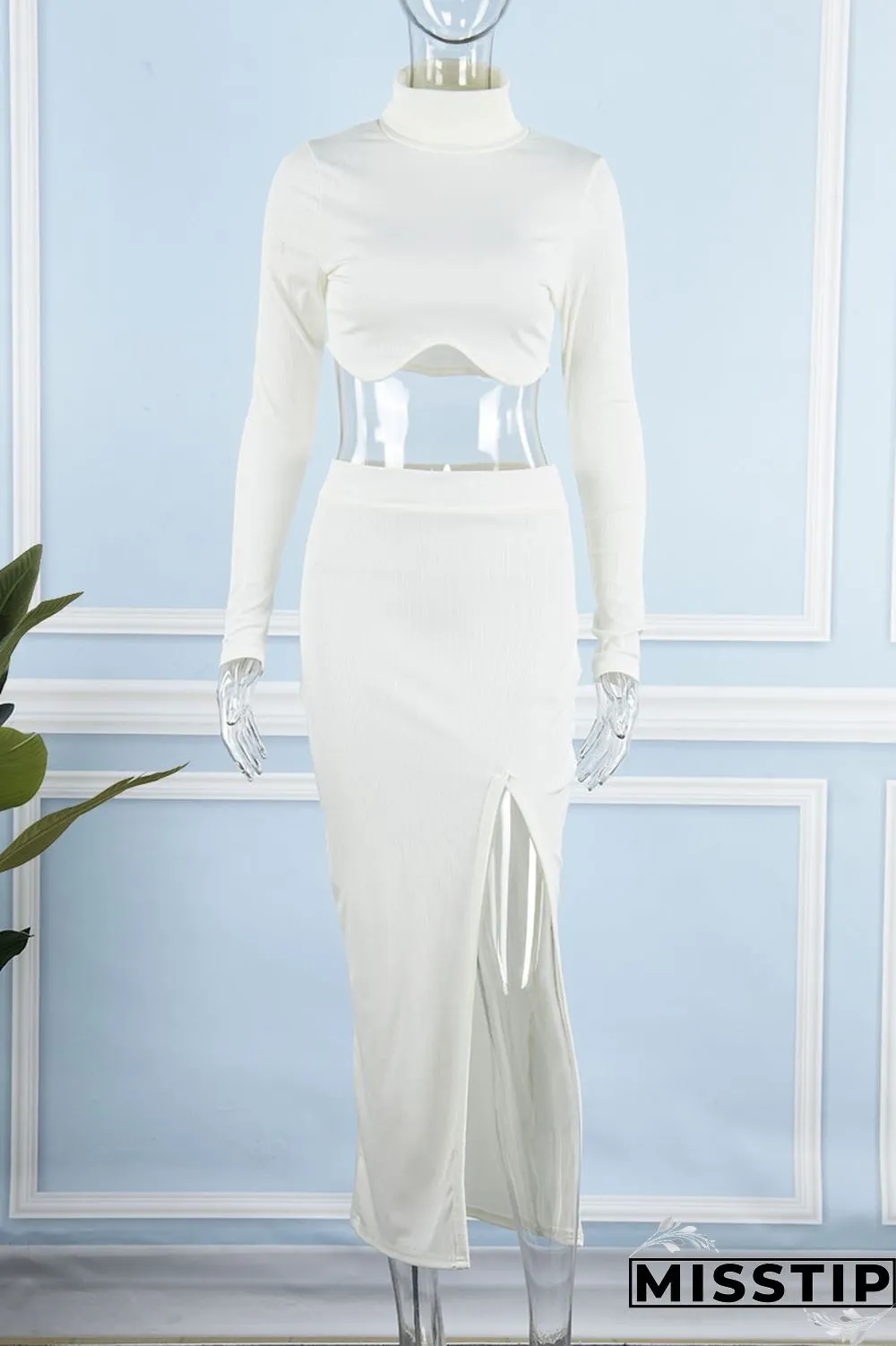 Apricot Casual Solid Patchwork Slit Asymmetrical Turtleneck Long Sleeve Two Pieces