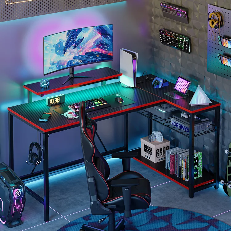 Bestier 52" Gaming Desk with LED Lights L Shaped Desk with Power Outlet & Monitor Stand Corner Computer Desk in Red Carbon Fiber