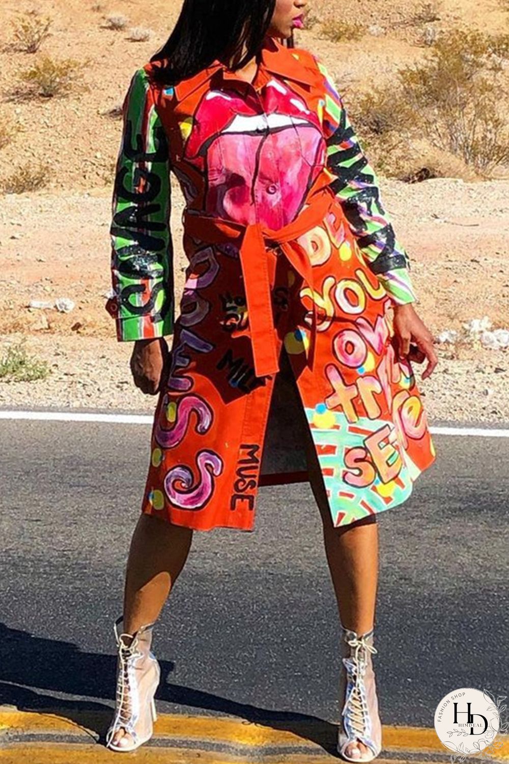 Red Fashion Casual Print Cardigan Turndown Collar Outerwear