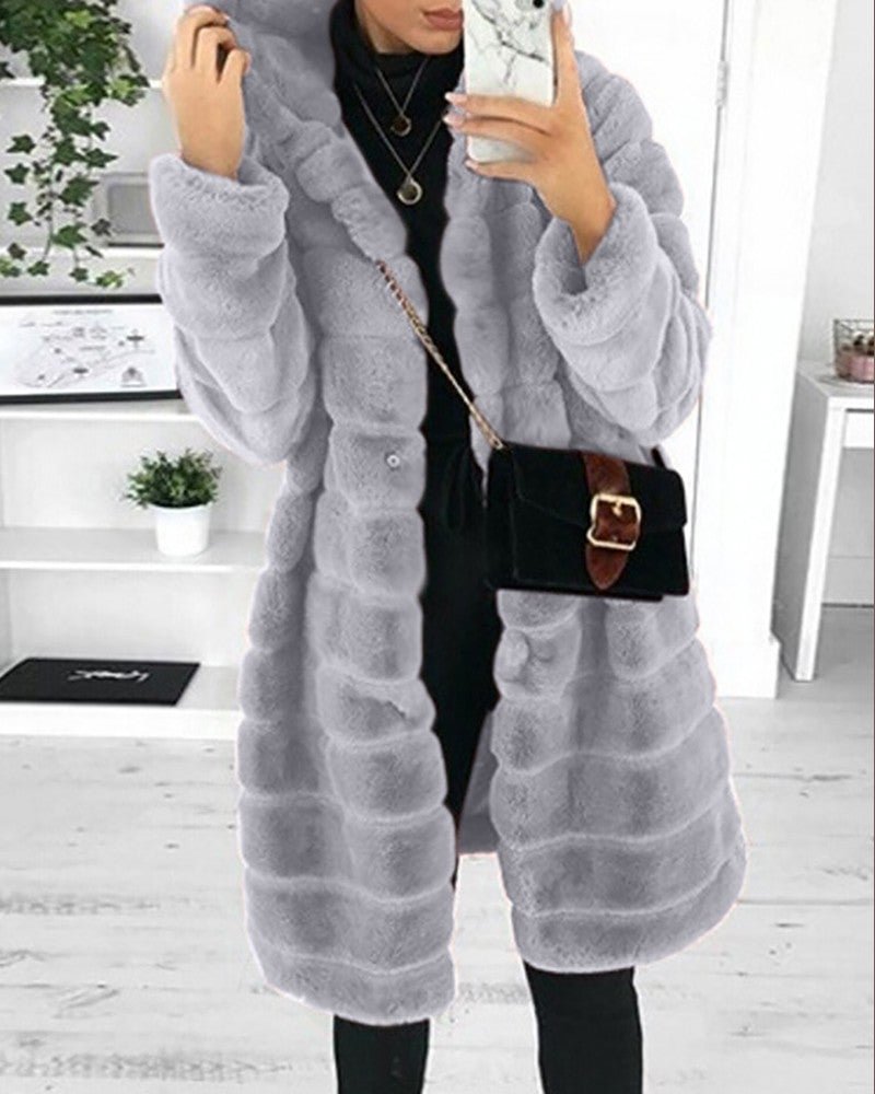 Pocket Deign Long Sleeve Hooded Fuzzy Coat