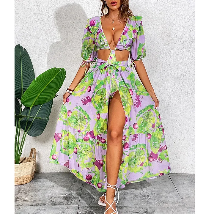 Removable Sleeves Printed One Piece Swimsuit and Skirt Flaxmaker