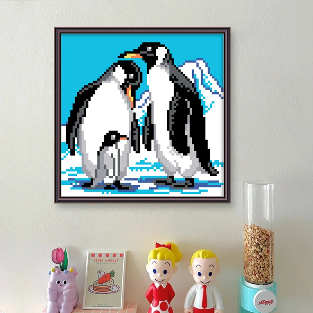9CT Full Stamped Cross Stitch Bead Embroidery - Penguins(Canvas|20*20CM)