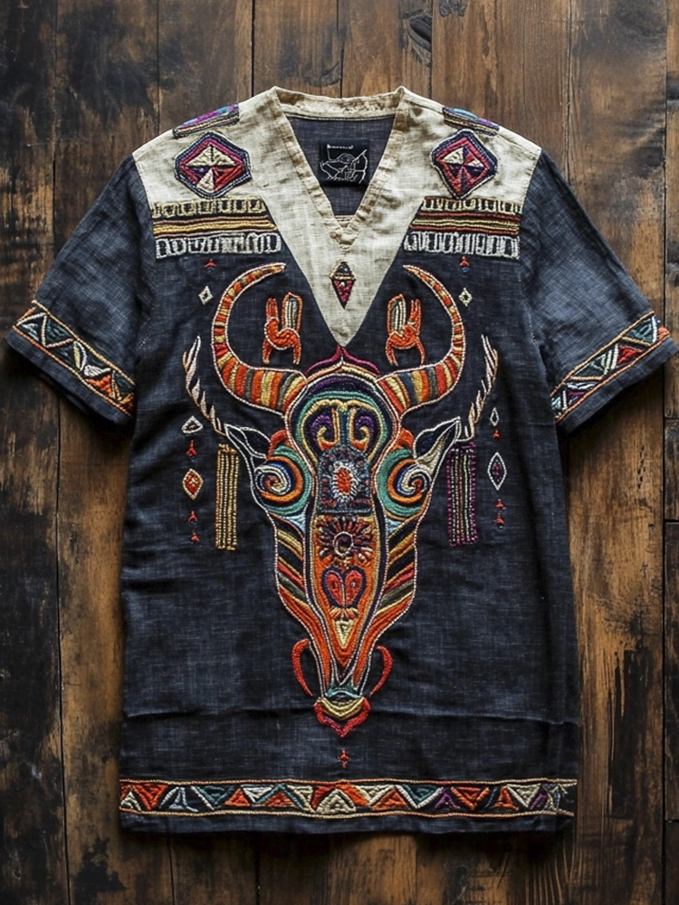 African Buffalo Tribe Geometric Embroidery Men's V-neck Linen Shirt