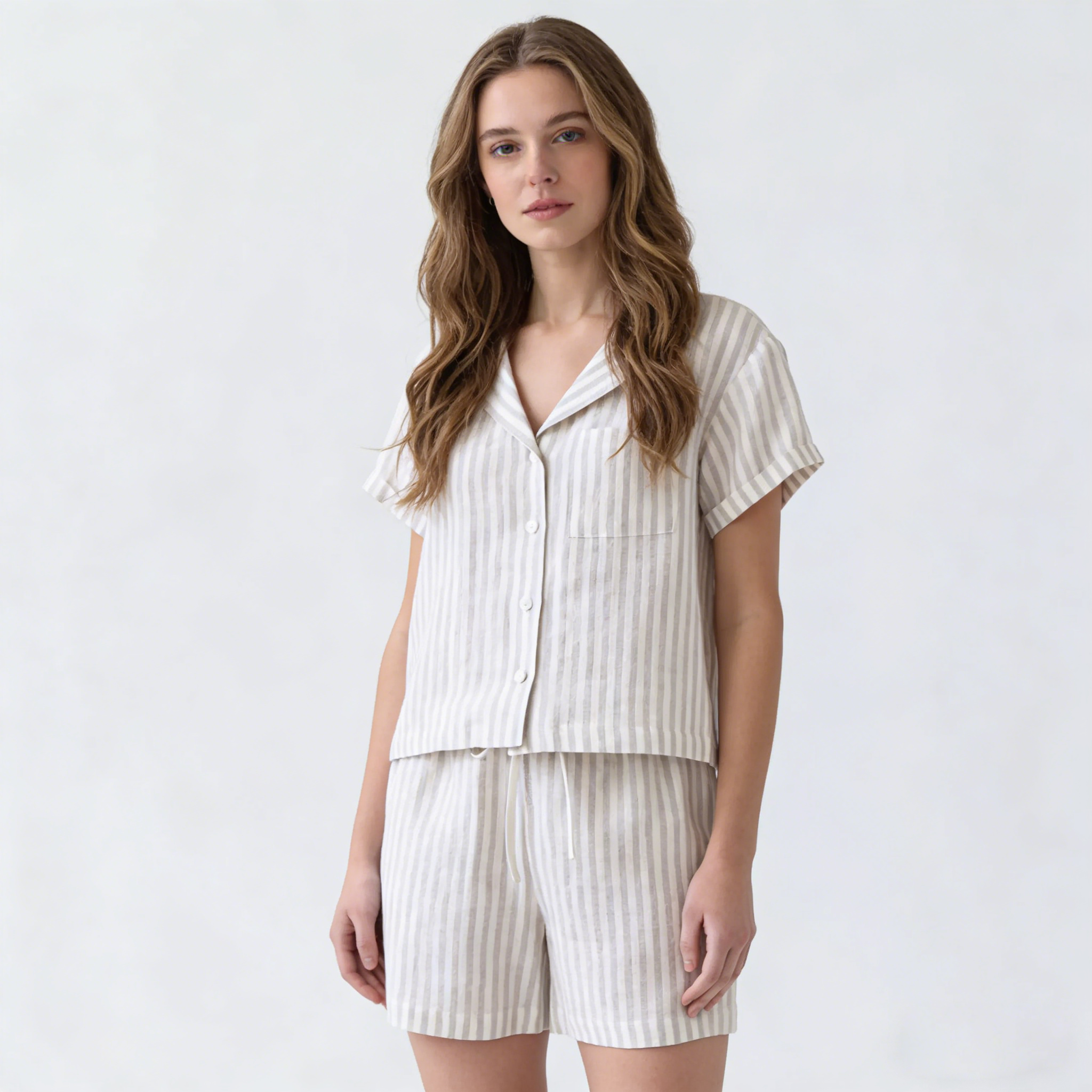 Linen Pajamas Women 100% Linen Short Sleeve Button Set REAL SILK LIFE