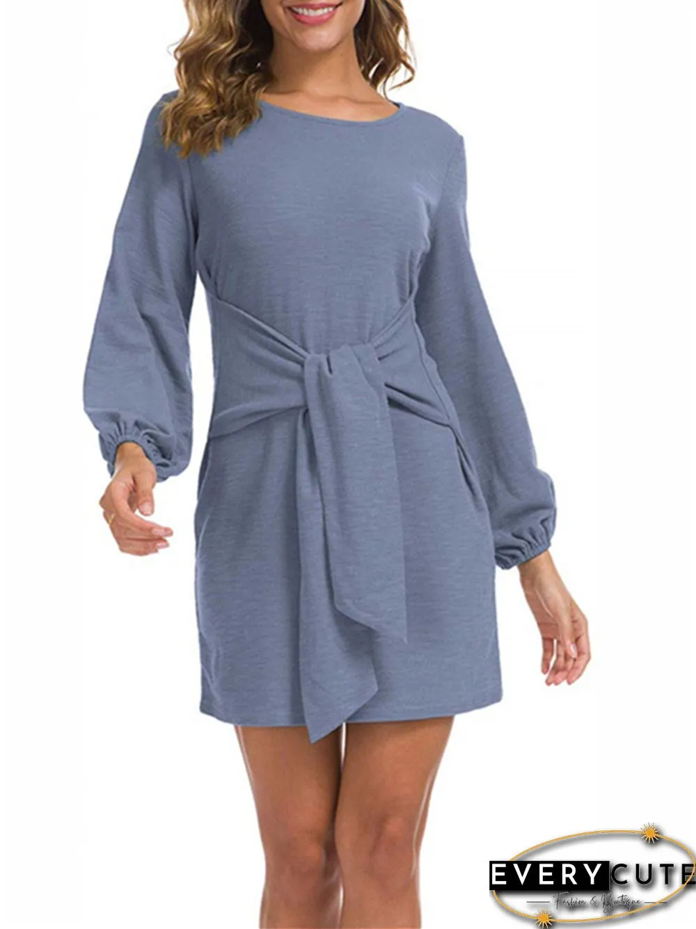New Women's Waist Long Sleeve Strap Solid Color Dress
