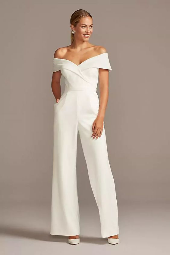 Lussooy Cuffed Off-the-shoulder White Stretch Crepe Jumpsuit 