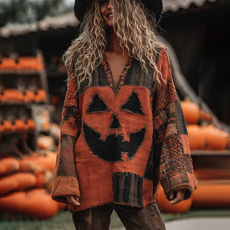 Vintage Patchwork Halloween Pumpkin Face Art Linen Shirt