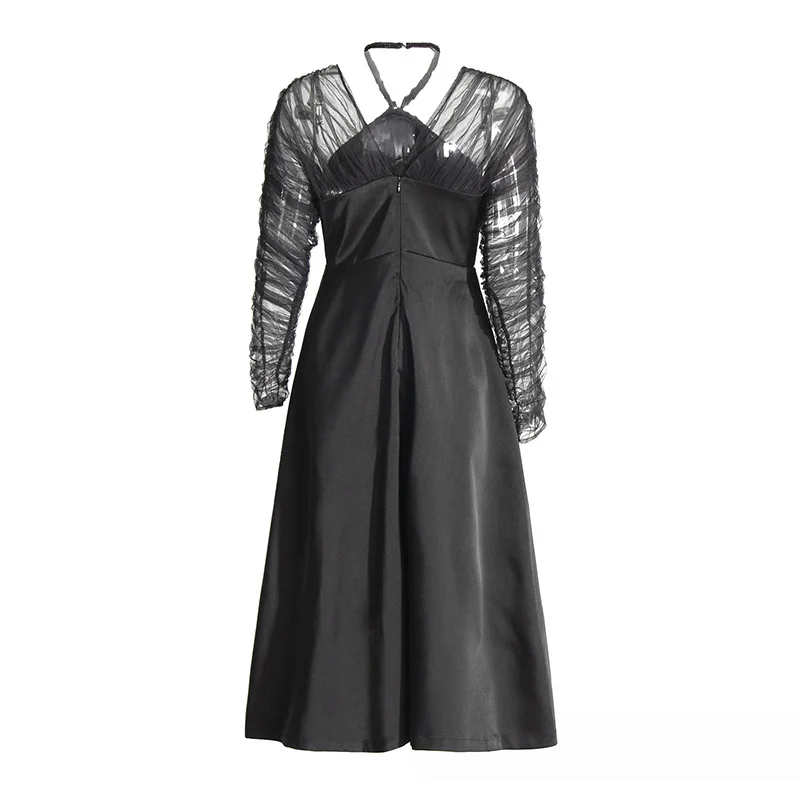 Zingj Elegance Elegant Dress 2025 Summer New Mesh Splicing Hanging Neck To Show Thin Fashion Dress