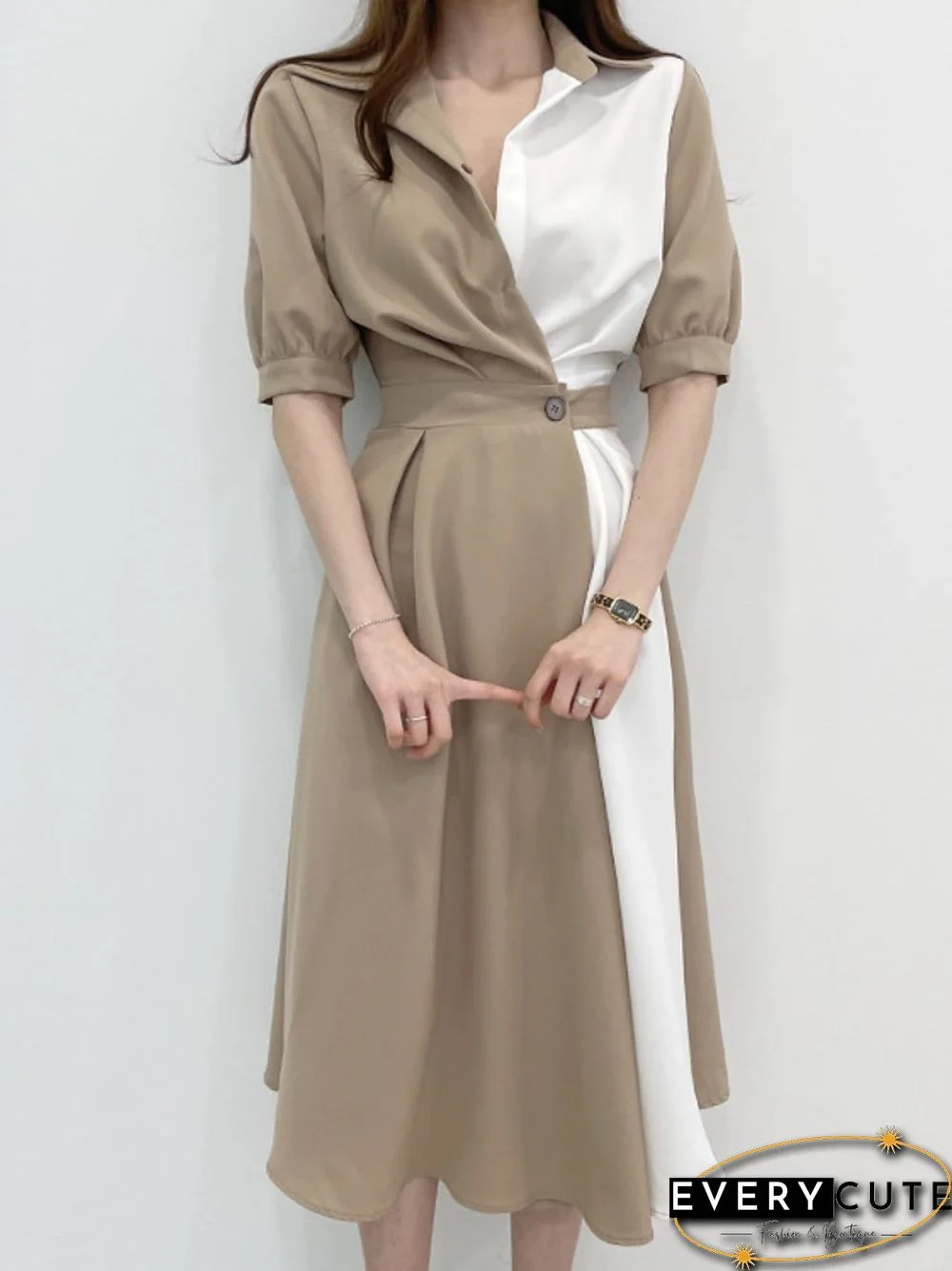 French Lapel Knee-length Dress Design In Summer Feels Contrast Color Stitching, A Button-down Waist Short Sleeve Dress For Women