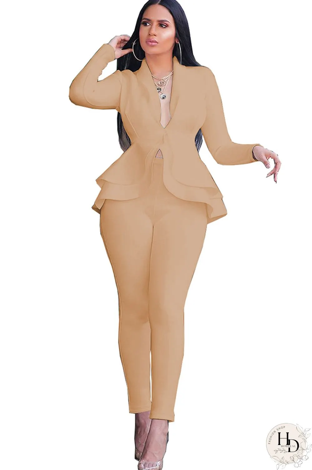 Black Casual Two Piece Suits Patchwork ruffle Solid pencil Long Sleeve