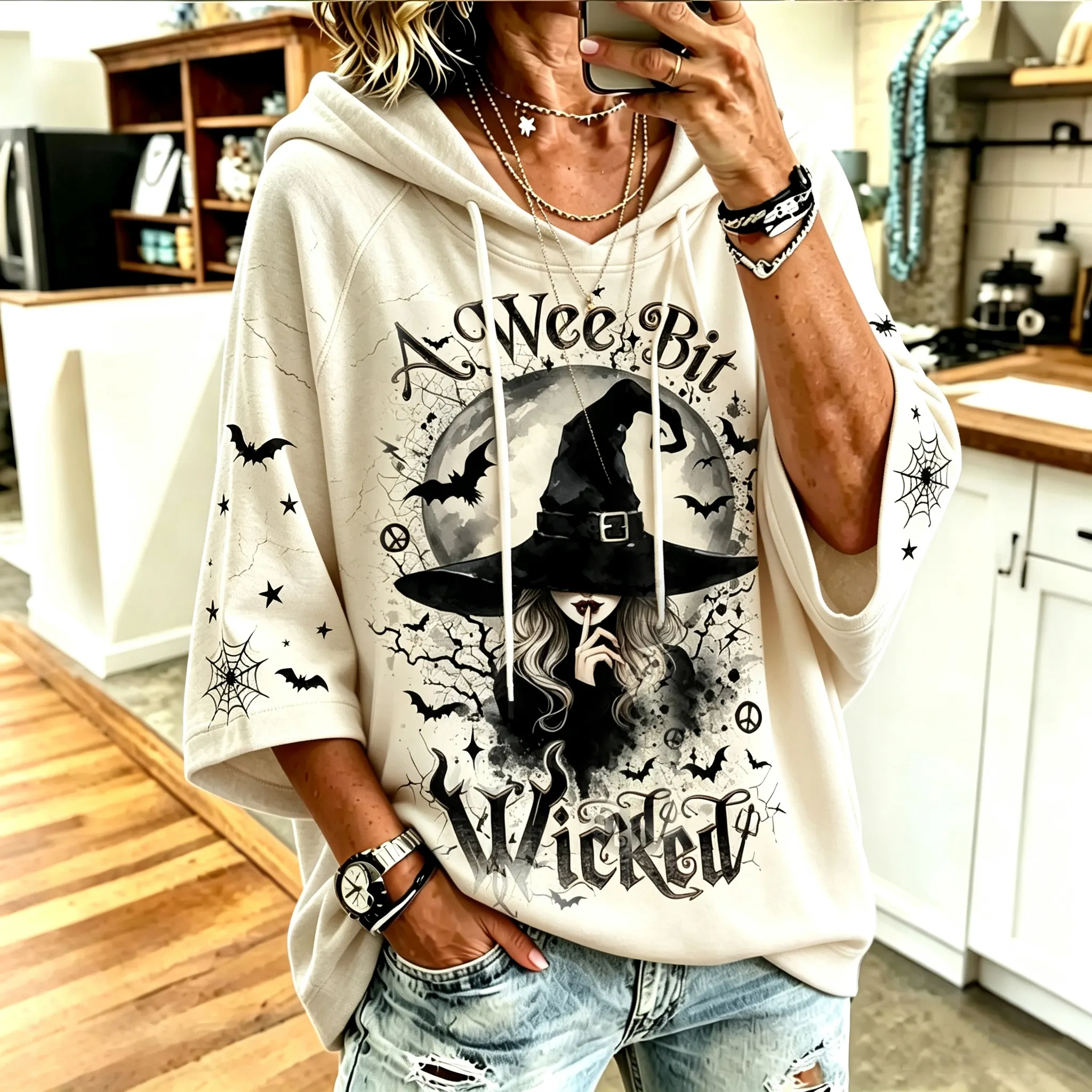 Women's Retro Halloween Witch Letter Bat Spider Web Print Hoodie artswardrobe