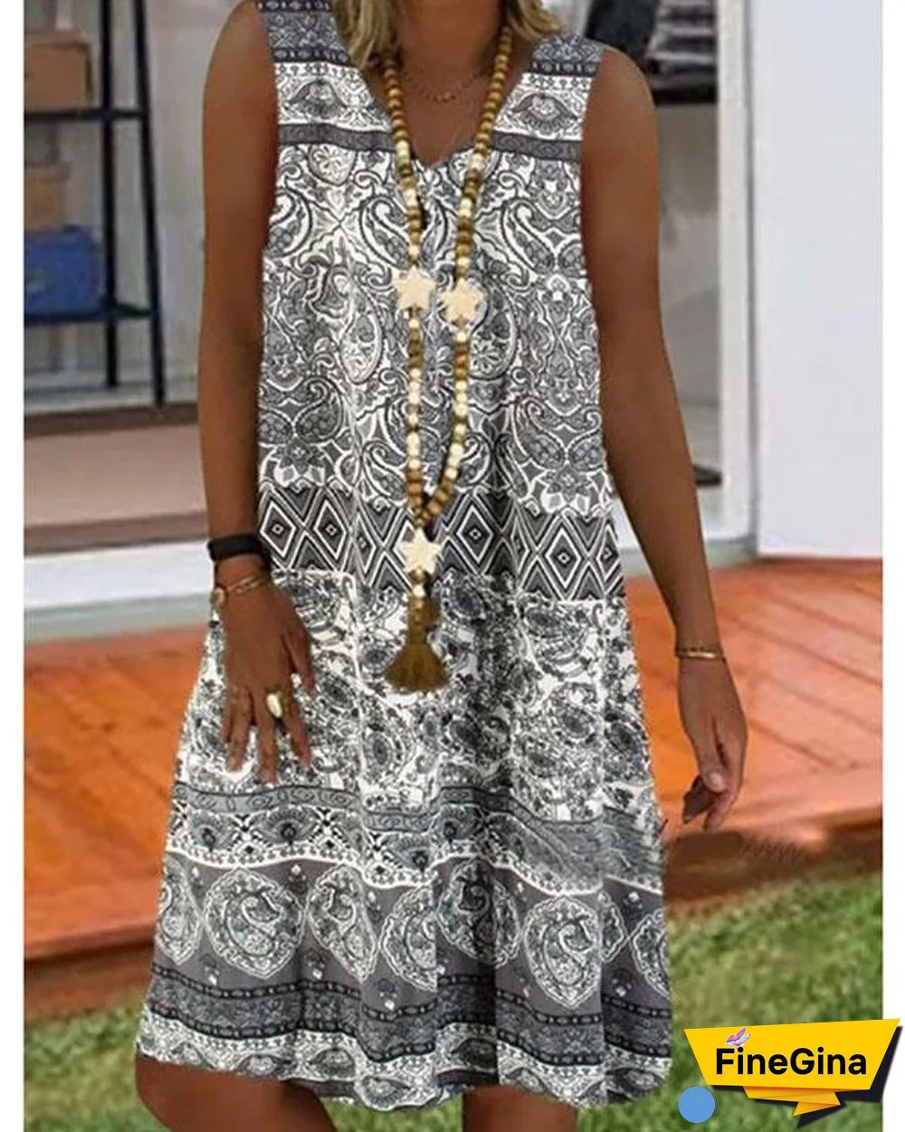 Casual Sleeveless V Neck Printed Dresses